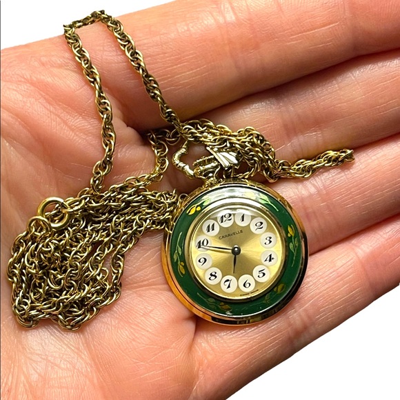 Vintage Caravelle Necklace watch green enamel bird flowers - Picture 3 of 15